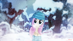 Size: 1920x1080 | Tagged: dead source, safe, artist:derplight, fluttershy, pegasus, pony, g4, beanie, beanie hat, boots, clothes, cute, eyelashes, eyes open, female, hat, looking at you, mare, shoes, shyabetes, smiling, smiling at you, snow, snowfall, solo, standing, tree, wallpaper, watermark, winter, winter outfit