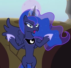 Size: 1121x1080 | Tagged: safe, screencap, princess luna, alicorn, pony, g4, belly, concave belly, cropped, ethereal mane, ethereal tail, eyelashes, female, flying, hoof shoes, long mane, luna is not amused, mare, moon, peytral, princess shoes, slender, spread wings, starry mane, starry tail, tail, thin, unamused, wings