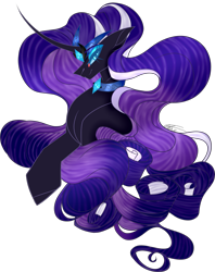 Size: 2199x2780 | Tagged: safe, artist:maskedk1tsun31991, nightmare rarity, pony, unicorn, g4, blue eyes, bust, collaboration, collar, collar ring, colored pupils, crown, curved horn, digital art, ethereal mane, eyelashes, eyeshadow, female, flowing mane, gem, high res, horn, jewelry, lidded eyes, long horn, looking at you, makeup, mare, portrait, purple mane, regalia, signature, simple background, smiling, smiling at you, solo, starry mane, transparent background