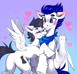 Size: 2994x2886 | Tagged: safe, artist:buvanybu, oc, oc only, pegasus, pony, blushing, gradient background, heart, high res, hug