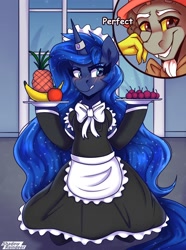 Size: 1600x2150 | Tagged: safe, artist:shadowreindeer, discord, princess luna, alicorn, draconequus, pony, g4, bipedal, clothes, condescending wonka, cute, dress, female, fruit, herbivore, hoof hold, lunabetes, magic suppression, maid, male, mare, meme, roald dahl, willy wonka, willy wonka and the chocolate factory