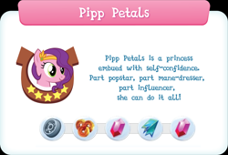 Size: 2832x1922 | Tagged: safe, artist:prixy05, gameloft, pipp petals, pegasus, pony, g4, g5, my little pony: magic princess, bust, description, diadem, female, high res, introduction card, jewelry, mare, regalia, smiling, solo, text