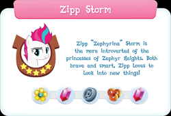 Size: 2833x1922 | Tagged: safe, artist:prixy05, gameloft, zipp storm, pegasus, pony, g4, g5, my little pony: magic princess, description, female, high res, introduction card, looking at you, mare, smiling, smiling at you, solo