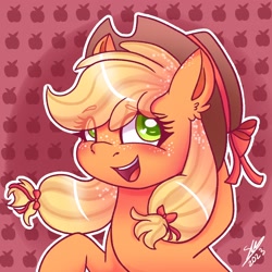 Size: 2048x2048 | Tagged: safe, artist:galaxy swirl, applejack, earth pony, pony, g4, alternate hairstyle, applejack's hat, cowboy hat, cute, eye clipping through hair, eyebrows, eyebrows visible through hair, female, hat, high res, jackabetes, looking at you, mare, open mouth, solo