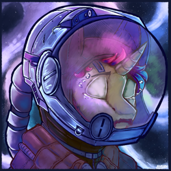 Size: 4000x4000 | Tagged: safe, artist:avery-valentine, oc, pony, unicorn, beard, clothes, crying, eyes closed, facial hair, helmet, horn, red hair, simple background, solo, space, spaceopera, spacesuit, starfield, starfield (game), suit