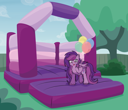 Size: 7560x6497 | Tagged: safe, artist:alexdti, oc, oc only, oc:emilia starsong, pegasus, pony, absurd resolution, balloon, bouncy castle, chest fluff, female, happy, mare, open mouth, open smile, smiling, solo, tree, unshorn fetlocks, wave