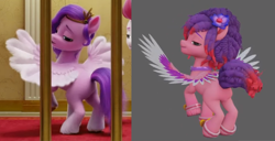 Size: 4799x2452 | Tagged: safe, edit, edited screencap, gameloft, screencap, pipp petals, ruby jubilee, zipp storm, pegasus, pony, bridlewoodstock (make your mark), g5, my little pony: a new generation, my little pony: make your mark, my little pony: make your mark chapter 4, my little pony: mane merge, spoiler:g5, spoiler:my little pony: a new generation, spoiler:my little pony: make your mark, spoiler:my little pony: make your mark chapter 4, spoiler:mymc04e01, 3d, 3d model, animation test, bracelet, bridlewoodstock, butt, collar, female, flower, gradient mane, jewelry, looking back, mare, pipp butt, plot, plot pair, presenting, presenting butt, raised tail, showing off, spread wings, tail, tiara, wings