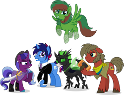 Size: 8000x6104 | Tagged: safe, artist:n0kkun, oc, oc only, oc:black kraken pearl, oc:boop the changeling, oc:disco hooch, oc:marquis majordome, oc:windy barebow evergreen, changeling, earth pony, pegasus, pony, unicorn, alcohol, bandage, changeling oc, clothes, drink, earth pony oc, flying, green changeling, group, group photo, horn, male, pegasus oc, quintet, simple background, smiling, stallion, transparent background, unicorn oc, weapon, whiskey