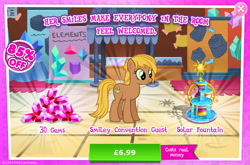 Size: 1964x1298 | Tagged: safe, gameloft, idw, earth pony, pony, g4, my little pony: magic princess, official, advertisement, costs real money, english, female, fountain, gem, happy thoughts, idw showified, introduction card, mare, mobile game, numbers, sale, smiley convention guest, solo, text