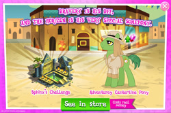 Size: 1964x1304 | Tagged: safe, gameloft, idw, earth pony, pony, g4, my little pony: magic princess, official, advertisement, clothes, costs real money, english, gem, hat, idw showified, introduction card, male, mobile game, numbers, sale, shirt, solo, stallion, text, unnamed character, unnamed pony