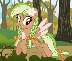 Size: 1261x1080 | Tagged: safe, artist:cstrawberrymilk, oc, oc only, oc:sylvia evergreen, pegasus, pony, g4, braid, braided pigtails, colored wings, female, mare, pigtails, solo, tree, two toned wings, wings