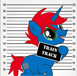 Size: 1544x1532 | Tagged: safe, artist:ry-bluepony1, oc, oc only, oc:train track, pony, unicorn, g4, barbie, barbie (film), barbie mugshot meme, male, meme, mugshot, solo