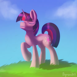 Size: 3000x3000 | Tagged: safe, artist:pegasusyay, twilight sparkle, pony, unicorn, g4, colored, concave belly, eyes closed, grass, grass field, high res, lighting, nose in the air, outdoors, raised hoof, shading, signature, smiling, solo, standing, unicorn twilight