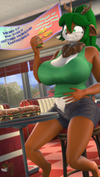 Size: 2160x3840 | Tagged: safe, artist:donglysfm, oc, oc:tea tree, deer, anthro, 3d, antlers, belly, big breasts, bloated, breasts, bucktooth, burger, deer oc, diner, female, food, high res, indoors, milf, neck fluff, non-pony oc, revamped anthros, solo, source filmmaker, stuffing, this will end in pain