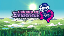 Size: 1333x750 | Tagged: safe, screencap, equestria girls, g4, my little pony equestria girls: legend of everfree, blue sky, cloud, forest, logo, mountain, overhead view, road, scenery, sky, sun, title, title card, tree