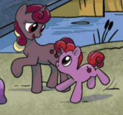 Size: 258x242 | Tagged: safe, idw, official comic, cherry choco, maraschino curls, pony, unicorn, g4, micro-series #8, my little pony micro-series, spoiler:comic, comic, female, foal, male, mare, when you see it
