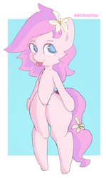 Size: 707x1186 | Tagged: safe, artist:inkyshadow, oc, oc:kayla, earth pony, semi-anthro, arm hooves, foal, passepartout, signature, simple background, solo, tongue out, wide hips