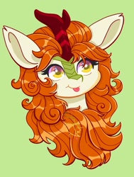 Size: 1547x2048 | Tagged: safe, artist:saphypone, autumn blaze, kirin, g4, :p, bust, green background, portrait, simple background, smiling, solo, tongue out