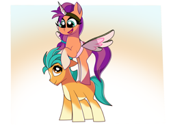 Size: 1861x1388 | Tagged: safe, artist:ectttan, hitch trailblazer, sunny starscout, earth pony, pony, g5, 2d, best friends, colt, fake alicorn, fake horn, fake wings, female, foal, friends, happy, looking left, male, male and female, ponies riding ponies, riding, shipping fuel, simple background, smiling