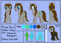 Size: 3000x2134 | Tagged: safe, artist:twiny dust, oc, oc only, oc:dust, pony, unicorn, armor, base used, bodyguard, character background in description, chestplate, clothes, cutie mark, duster coat, high res, leather, leather armor, magic, magic aura, male, multiple angles, ponytail, reference sheet, simple background, solo, stallion, sword, text, trenchcoat, turnaround, twilight guard, weapon