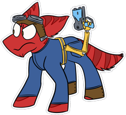 Size: 1100x1000 | Tagged: safe, artist:grandfinaleart, oc, oc only, alien, alien pony, original species, alternate universe, angry, brown eyes, clothes, digital art, facial hair, goatee, goggles, goggles on head, jumpsuit, laser pistol, male, red fur, robotic arm, scowl, simple background, solo, stripes, transparent background, weapon