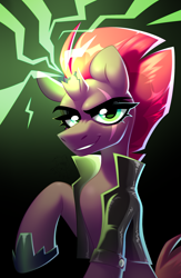 Size: 1300x2000 | Tagged: safe, artist:rtootb, tempest shadow, pony, unicorn, collaboration:meet the best showpony, g4, my little pony: the movie, broken horn, clothes, collaboration, digital art, disguise, disguised changeling, event, evil, evil smile, eye scar, facial scar, female, green eyes, grin, halfbody, hoof shoes, horn, implied queen chrysalis, jacket, leather, leather jacket, looking at you, magic, makeup, mare, pretend, raised hoof, scar, shading, smiling, solo, teeth, three quarter view