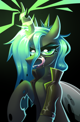 Size: 1300x2000 | Tagged: safe, artist:rtootb, queen chrysalis, changeling, changeling queen, pony, collaboration:meet the best showpony, g4, clothes, collaboration, digital art, drool, event, evil, evil smile, female, green eyes, grin, horn, jacket, leather, leather jacket, looking at you, magic, makeup, mare, open mouth, shading, smiling, solo, teeth, tongue out, wings