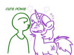 Size: 860x643 | Tagged: safe, artist:blex, oc, oc only, oc:anon, oc:snippercut, human, pony, unicorn, blushing, blushing profusely, cheek kiss, doodle, ears up, emanata, female, kissing, male, mare, simple background, smooch, striped mane, striped tail, sweat, sweatdrops, tail, white background