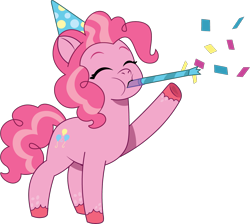 Size: 1323x1184 | Tagged: safe, artist:prixy05, pinkie pie, earth pony, pony, g4, g5, my little pony: tell your tale, colored hooves, confetti, eyes closed, female, g4 to g5, generation leap, happy, hat, mare, party hat, party horn, simple background, solo, transparent background, unshorn fetlocks, vector