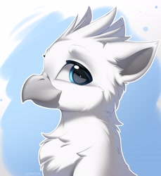 Size: 3330x3642 | Tagged: safe, artist:lunylin, oc, oc only, oc:griffin zephyr, griffon, beak, bust, chest fluff, griffon oc, high res, looking at you, neck fluff, side view, simple background, smiling, solo