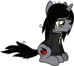 Size: 1161x1035 | Tagged: safe, artist:lightningbolt, derpibooru exclusive, pony, unicorn, g4, the mean 6, .svg available, bags under eyes, clone, clothes, disguise, disguised siren, evil clone, fangs, frown, glowing, horn, jewelry, kellin quinn, lidded eyes, long sleeves, male, messy mane, messy tail, necklace, ponified, shirt, show accurate, simple background, sitting, sleeping with sirens, slit pupils, solo, stallion, svg, tail, transparent background, vector