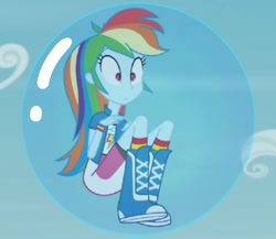 Size: 831x720 | Tagged: safe, edit, edited screencap, screencap, rainbow dash, human, equestria girls, g4, pinkie spy (short), boots, bubble, female, floating, in bubble, shoes, sky, solo