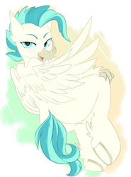 Size: 2000x2699 | Tagged: safe, artist:thieftea, terramar, classical hippogriff, hippogriff, pony, g4, abstract background, blushing, butt, cute, eyebrows, high res, looking at you, looking back, looking back at you, male, plot, smiling, smiling at you, solo, stupid sexy terramar, underhoof, wings