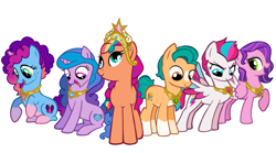 Size: 1280x711 | Tagged: safe, artist:dazzle, hitch trailblazer, izzy moonbow, misty brightdawn, pipp petals, sunny starscout, zipp storm, earth pony, pegasus, pony, unicorn, g4, g5, big crown thingy, blaze (coat marking), coat markings, crown, element of generosity, element of honesty, element of kindness, element of laughter, element of loyalty, element of magic, elements of harmony, facial markings, female, freckles, g5 to g4, generation leap, here we go again, history repeats itself, jewelry, male, mane five, mane six (g5), mane stripe sunny, mare, missing accessory, open mouth, open smile, pale belly, rebirth misty, regalia, simple background, smiling, socks (coat markings), stallion, white background