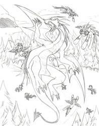 Size: 1175x1500 | Tagged: safe, artist:askcometchaser, dragon, pony, flying, monochrome