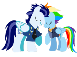 Size: 1279x945 | Tagged: safe, artist:mlplary6, rainbow dash, soarin', pegasus, pony, g4, the last problem, bomber jacket, clothes, duo, eyes closed, female, husband and wife, jacket, male, mare, older, older rainbow dash, older soarin', older soarindash, ship:soarindash, shipping, simple background, stallion, straight, transparent background, vector