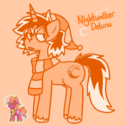 Size: 480x480 | Tagged: safe, artist:blex, oc, oc only, oc:nightwalker deluna, pony, unicorn, pony town, bags under eyes, clothes, colored, dyed mane, dyed tail, full body, hat, lidded eyes, monochrome, nightcap, orange background, quadrupedal, scarf, simple background, solo, standing, striped scarf, tail, unshorn fetlocks