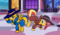 Size: 1726x1000 | Tagged: safe, artist:mlpfan3991, sunset shimmer, oc, oc:flare spark, pegasus, pony, unicorn, g4, canterlot, clothes, detective, fedora, female, hat, magnifying glass, mare, trenchcoat