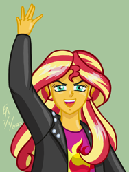 Size: 1668x2224 | Tagged: safe, artist:mayorlight, sunset shimmer, human, equestria girls 10th anniversary, equestria girls, g4, my little pony equestria girls, clothes, cutie mark on clothes, digital art, female, green background, jacket, leather, leather jacket, looking at you, open mouth, raised arm, scene interpretation, simple background, solo, you must be new here