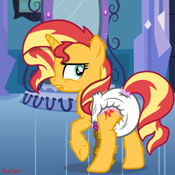 Size: 2000x2000 | Tagged: safe, artist:thunderdasher07, sunset shimmer, pony, unicorn, equestria girls 10th anniversary, equestria girls, g4, my little pony equestria girls, angry, anniversary, butt, chest fluff, clean diaper, crystal castle, diaper, diaper butt, diaper fetish, ear fluff, facial expressions, female, fetish, furrowed brow, high res, hoof fluff, leg fluff, magic mirror, mare, non-baby in diaper, plot, poofy diaper, portal, raised hoof, rear view, scene interpretation, signature, solo, tail, tail hole, white diaper