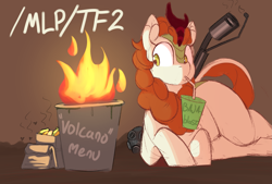 Size: 3093x2089 | Tagged: safe, artist:welost, autumn blaze, kirin, g4, /mlp/ tf2 general, baja blast, drink, drinking, drinking straw, fire, flamethrower, high res, pyro (tf2), pyro mask, solo, taco bell, team fortress 2, text, trash, trash can, volcano menu, weapon