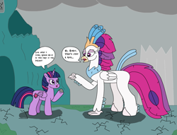 Size: 2889x2212 | Tagged: safe, artist:supahdonarudo, queen novo, twilight sparkle, alicorn, classical hippogriff, hippogriff, pony, g4, my little pony: the movie, atg 2023, cloud, dialogue, duo, high res, holding, newbie artist training grounds, pointing, rock, ruins, speech bubble, text, twilight sparkle (alicorn)