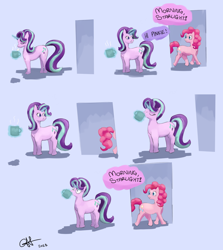 Size: 1920x2151 | Tagged: safe, artist:calebpedigo, pinkie pie, starlight glimmer, earth pony, pony, unicorn, g4, atg 2023, clone, coffee, coffee mug, comic, dialogue, drink, drinking, duo, female, mare, mug, multeity, newbie artist training grounds, pinkie clone, purple background, signature, simple background, speech bubble