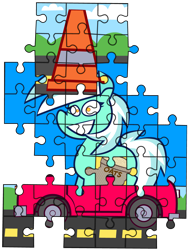 Size: 3685x4862 | Tagged: safe, artist:threetwotwo32232, lyra heartstrings, pony, unicorn, g4, car, food, oats, puzzle, simple background, solo, traffic cone, transparent background