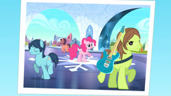 Size: 1920x1080 | Tagged: safe, screencap, lonely hearts, northern song, pinkie pie, strawberry fields, earth pony, pony, g4, party pooped, background pony, beard, cutie mark, facial hair, female, frown, george harrison, glasses, guitar, john lennon, male, mare, musical instrument, open mouth, paul mccartney, pinko starr, ponified, raised hoof, stallion, the beatles