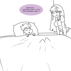 Size: 1200x1200 | Tagged: safe, artist:chillguydraws, artist:thicc-verse, spike, twilight sparkle, human, g4, bed, black and white, dialogue, duo, duo male and female, female, grayscale, humanized, lying down, male, monochrome, on back, partial color, simple background, sleeping, speech bubble, white background