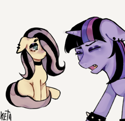 Size: 1014x980 | Tagged: safe, artist:ripcyberia, fluttershy, twilight sparkle, pegasus, pony, unicorn, g4, choker, chokershy, duo, emo twilight, emoshy, eyes closed, floppy ears, meme, missing cutie mark, simple background, sitting, spiked wristband, we're emo, white background, wingless, wristband