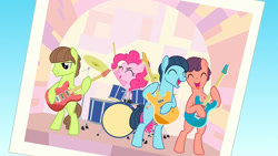 Size: 1920x1080 | Tagged: safe, screencap, lonely hearts, northern song, pinkie pie, strawberry fields, earth pony, pony, g4, party pooped, bass guitar, cymbals, drum kit, drums, drumsticks, electric guitar, female, george harrison, guitar, john lennon, male, mare, musical instrument, paul mccartney, pinko starr, playing instrument, ponified, singing, stallion, the beatles