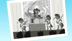 Size: 1920x1080 | Tagged: safe, screencap, lonely hearts, northern song, pinkie pie, strawberry fields, earth pony, pony, g4, party pooped, bass guitar, black and white, crowd, cymbals, drums, drumsticks, ed sullivan show, electric guitar, flag of equestria, george harrison, grayscale, guitar, john lennon, male, microphone, monochrome, musical instrument, paul mccartney, pinko starr, platform, playing instrument, ponified, silhouette, singing, stage, stallion, the beatles