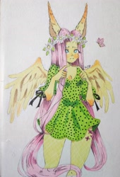 Size: 3010x4436 | Tagged: safe, artist:sheetofplywood8, fluttershy, butterfly, human, g4, big ears, blushing, clothes, cutie mark on human, dress, eared humanization, female, fingers together, floral head wreath, flower, humanized, long ears, looking up, pony coloring, solo, traditional art, winged humanization, wings